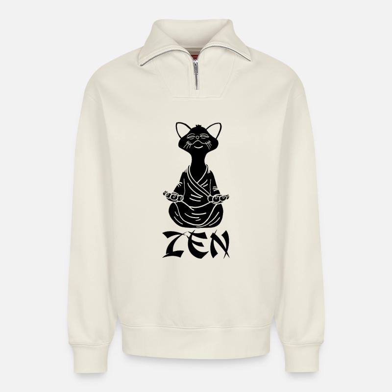 Zen Schwarze Katze - Relaxed Unisex Organic Half Zip Sweatshirt – von SPREAD - Naturweiß