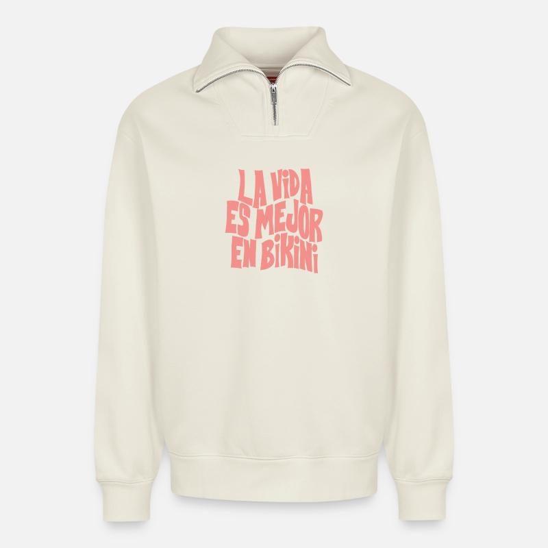 bikini - Relaxed Unisex Organic Half Zip Sweatshirt – von SPREAD - Naturweiß