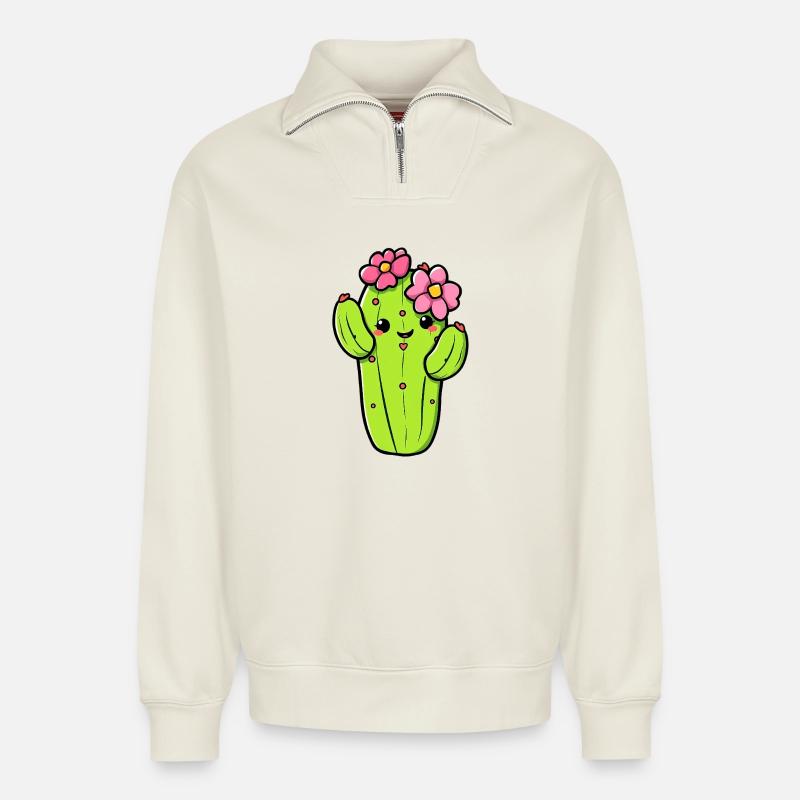 Cactus - Sweat unisexe décontracté en coton biologique à demi-zip – de SPREAD - blanc cassé