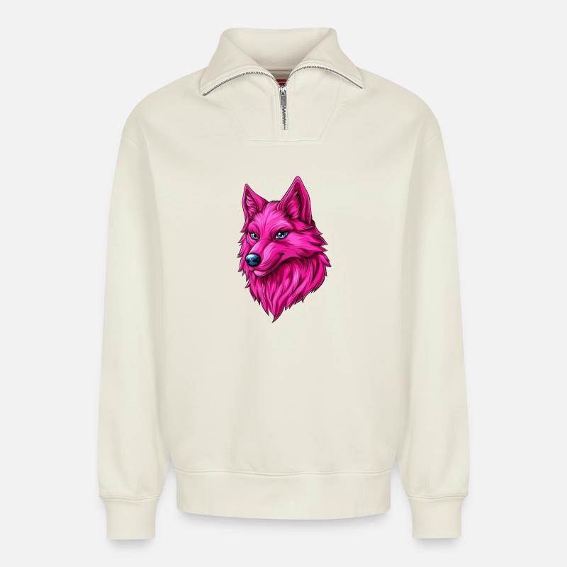 pink rosa Fantasy Wolf :) - Relaxed Unisex Organic Half Zip Sweatshirt – von SPREAD - Naturweiß