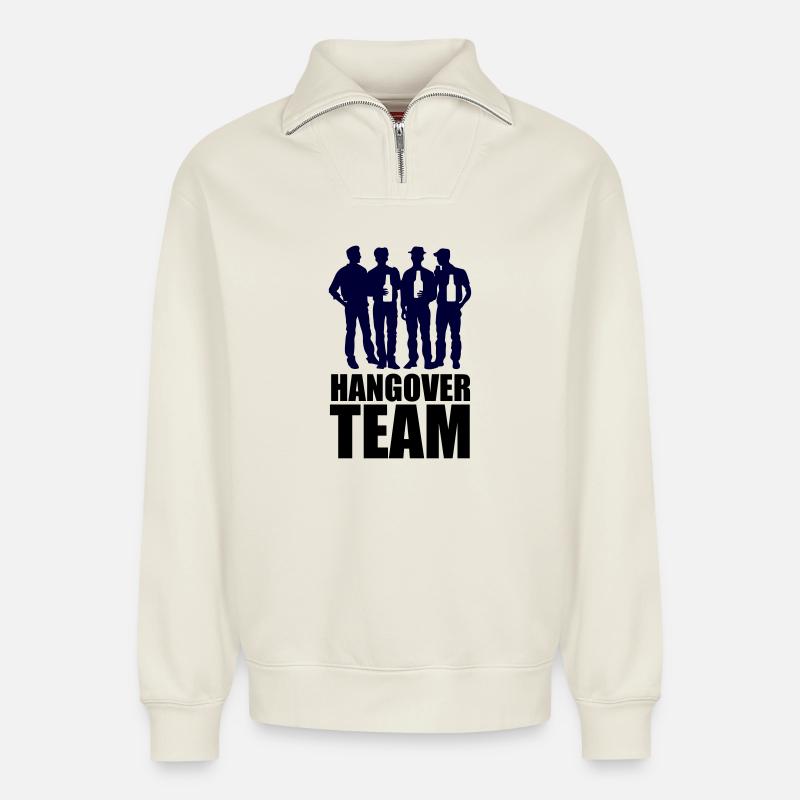 Hangover Team - Relaxed Unisex Organic Half Zip Sweatshirt – von SPREAD - Naturweiß