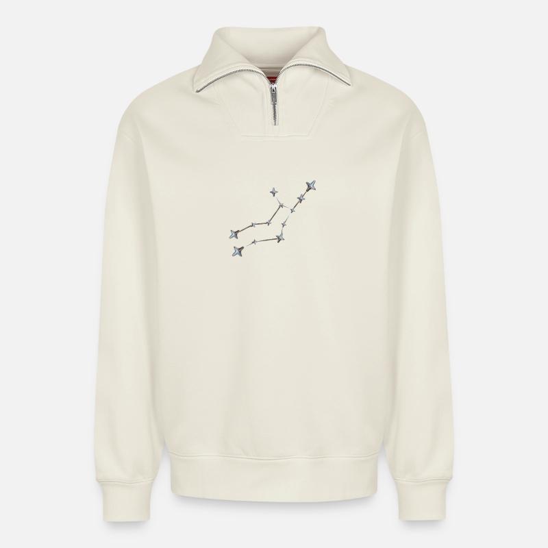 Sternbild Jungfrau mit metallicscher Optik - Relaxed Unisex Organic Half Zip Sweatshirt – von SPREAD - Naturweiß