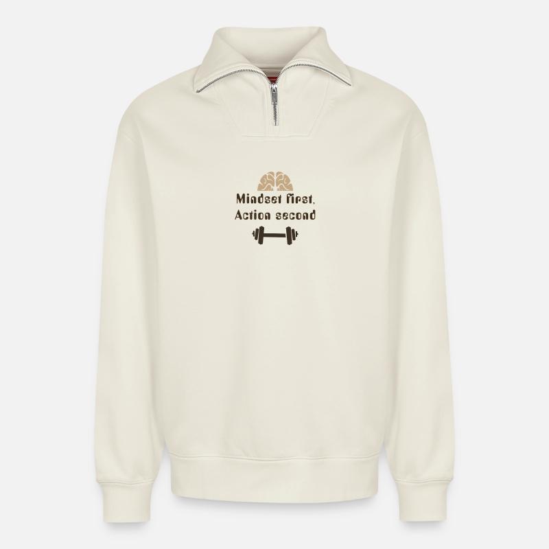 MIndsetFirstActionSecond_20250924 - Sweat unisexe décontracté en coton biologique à demi-zip – de SPREAD - blanc cassé