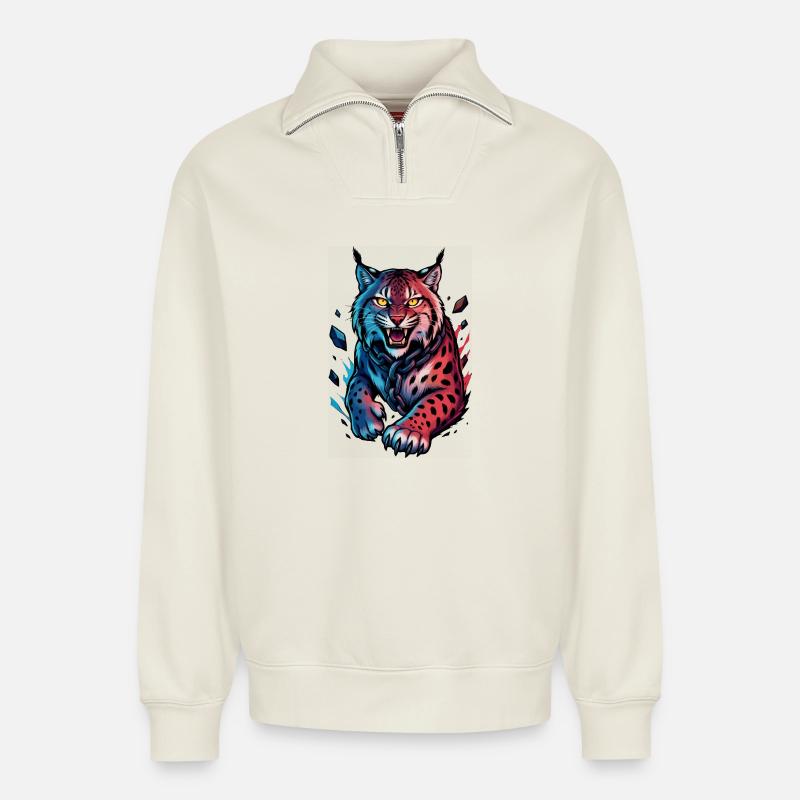 Lynx on the attack - Relaxed Unisex Organic Half Zip Sweatshirt – by SPREAD - off white