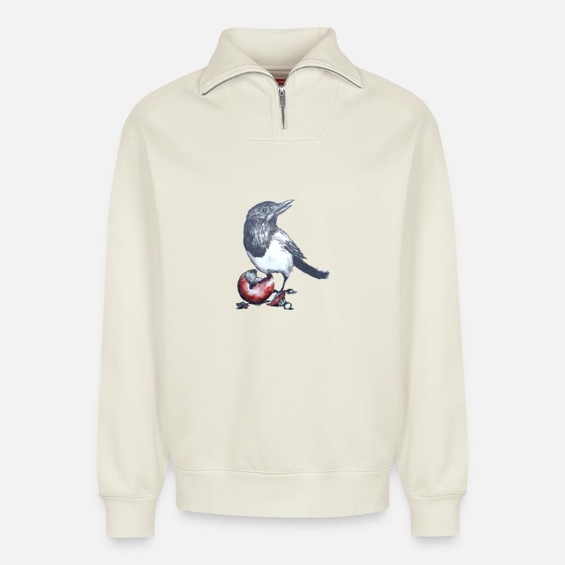 Elster mit Weihnachtsball - Relaxed Unisex Organic Half Zip Sweatshirt – von SPREAD - Naturweiß