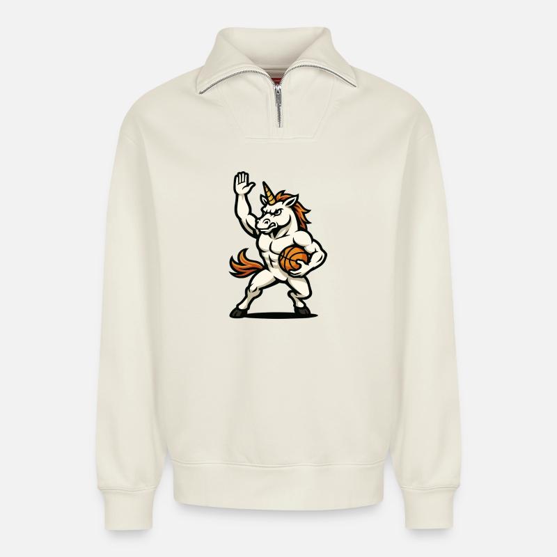 Basketball-Einhorn-Krieger - Relaxed Unisex Organic Half Zip Sweatshirt – von SPREAD - Naturweiß