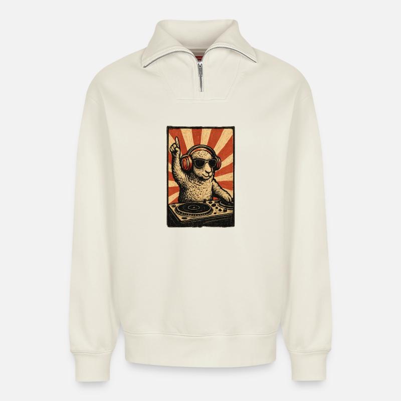 DJ Sheep avec des écouteurs - Sweat unisexe décontracté en coton biologique à demi-zip – de SPREAD - blanc cassé