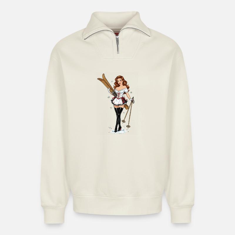 Dirndl-Ski-Pinup - Relaxed Unisex Organic Half Zip Sweatshirt – von SPREAD - Naturweiß