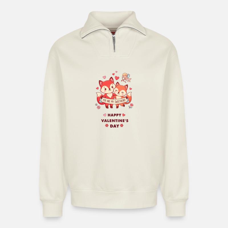 Renards complices de Saint-Valentin - Sweat unisexe décontracté en coton biologique à demi-zip – de SPREAD - blanc cassé