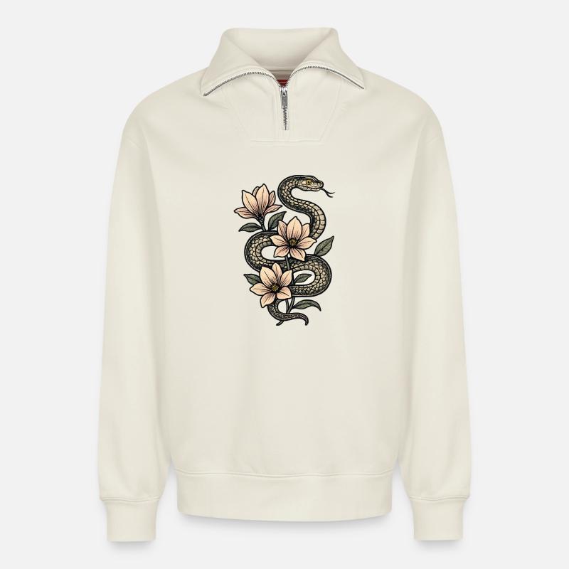 Magnolia des fleurs de serpent - Sweat unisexe décontracté en coton biologique à demi-zip – de SPREAD - blanc cassé
