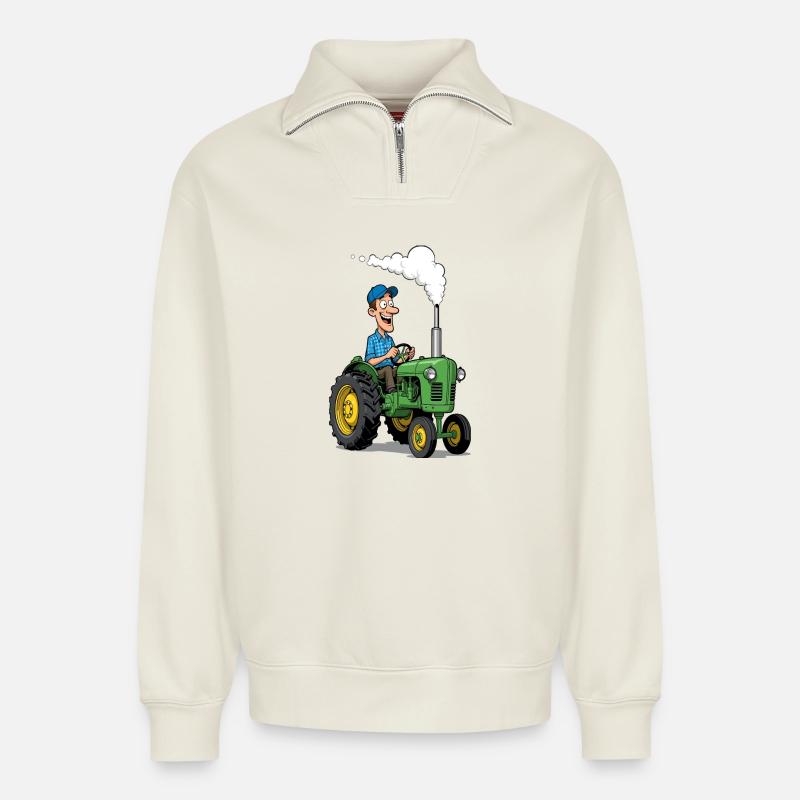 Traktorhelden Landwirtschaftscharme - Relaxed Unisex Organic Half Zip Sweatshirt – von SPREAD - Naturweiß