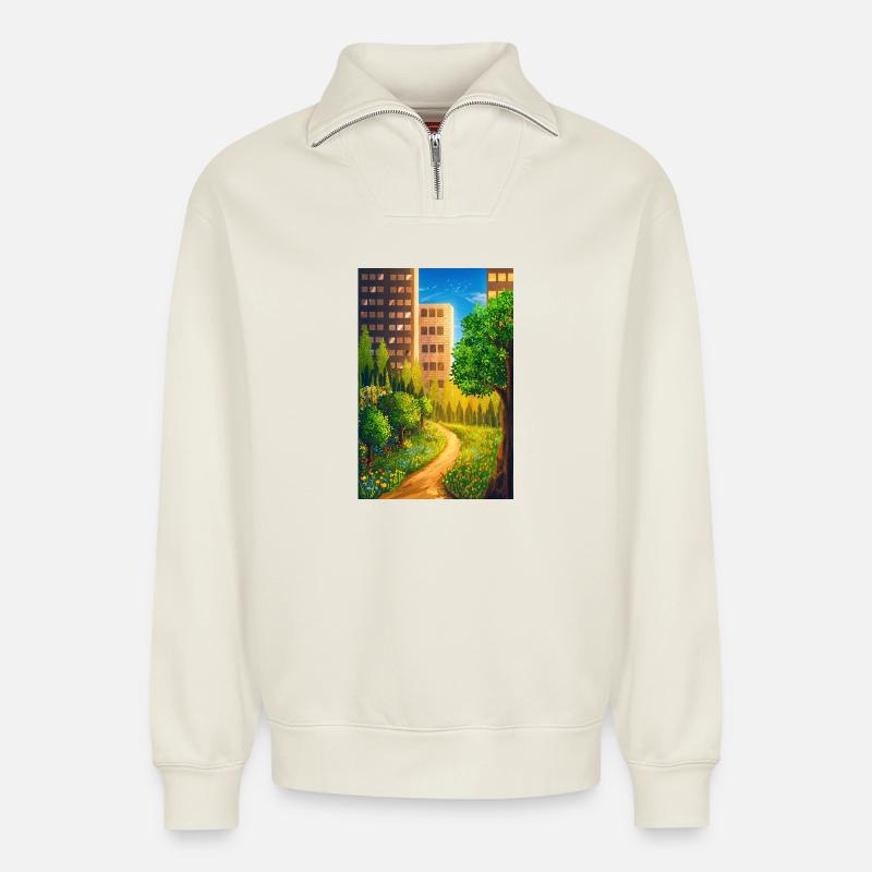 Green route between skyscrapers - Relaxed Unisex Organic Half Zip Sweatshirt – by SPREAD - off white