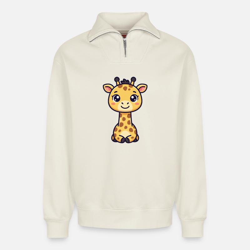 Girafe Chibi - Sweat unisexe décontracté en coton biologique à demi-zip – de SPREAD - blanc cassé