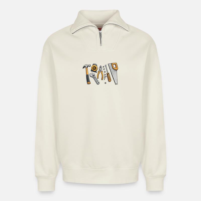 Tool illustration for craftsmen - Relaxed Unisex Organic Half Zip Sweatshirt – by SPREAD - off white