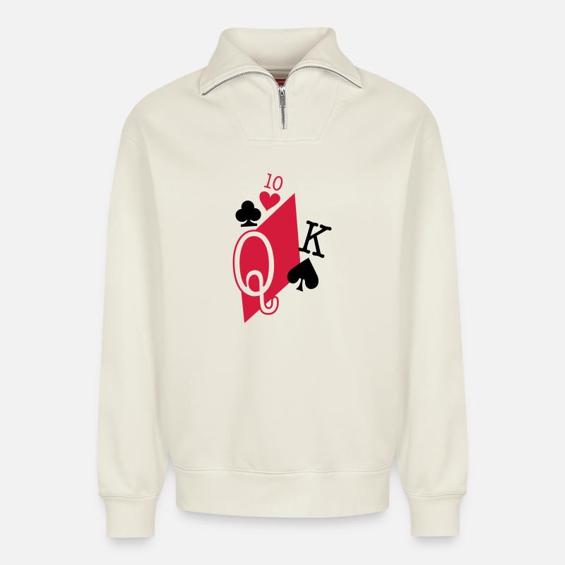 cartes à jouer - Sweat unisexe décontracté en coton biologique à demi-zip – de SPREAD - blanc cassé