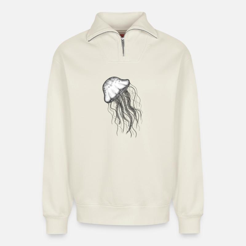Méduse Méduse - Sweat unisexe décontracté en coton biologique à demi-zip – de SPREAD - blanc cassé