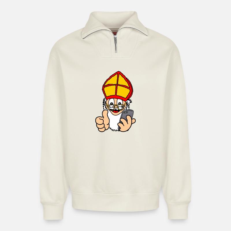 Sinterklaas mit Smartphone - Relaxed Unisex Organic Half Zip Sweatshirt – von SPREAD - Naturweiß