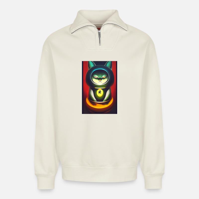 Maneki neko 3 - Relaxed Unisex Organic Half Zip Sweatshirt – von SPREAD - Naturweiß
