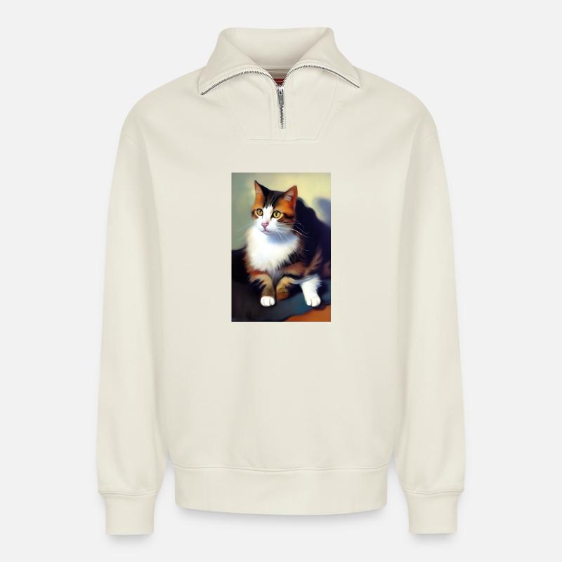 Katzen Bild - Relaxed Unisex Organic Half Zip Sweatshirt – von SPREAD - Naturweiß