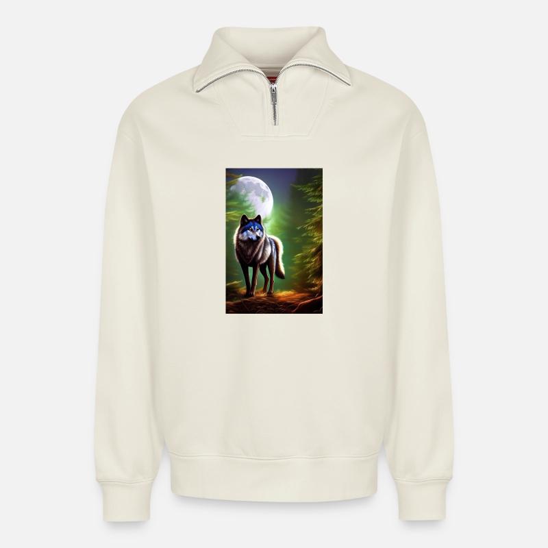 Wolf und Mond - Relaxed Unisex Organic Half Zip Sweatshirt – von SPREAD - Naturweiß