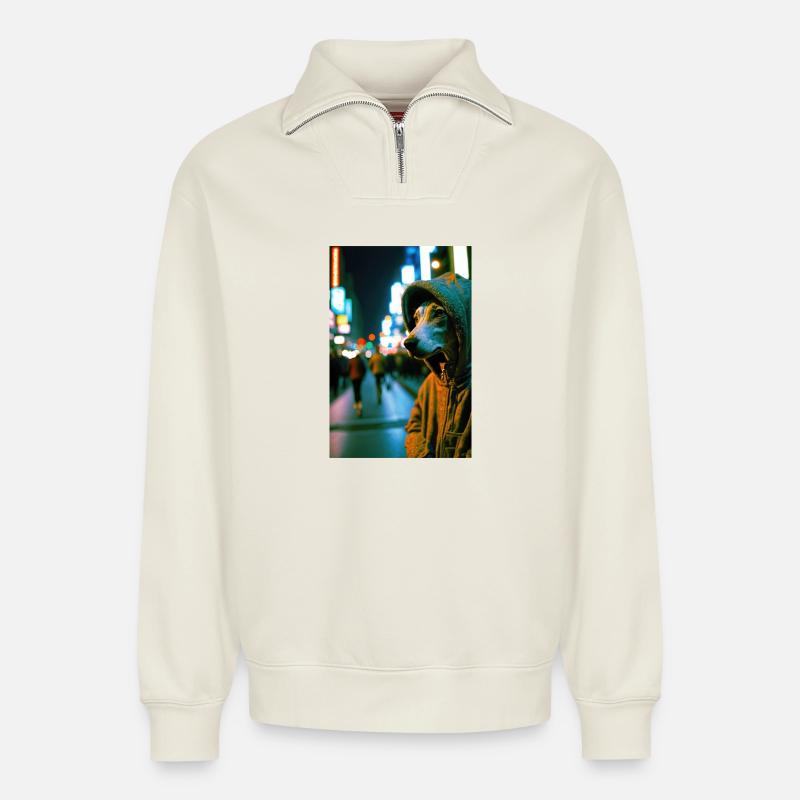 Cyrano auf der Straße 01 - Relaxed Unisex Organic Half Zip Sweatshirt – von SPREAD - Naturweiß