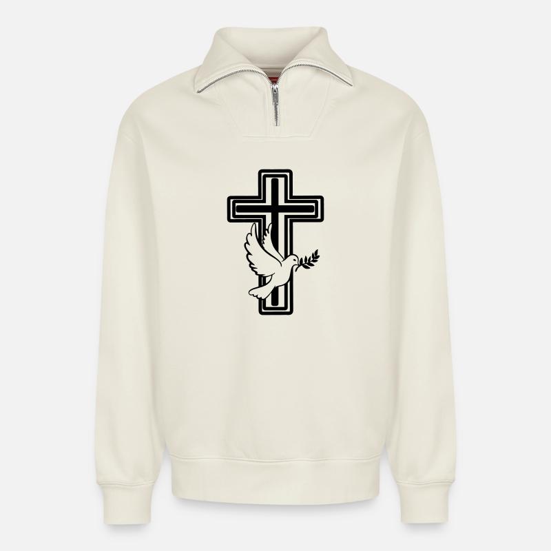 Croix avec colombe - Sweat unisexe décontracté en coton biologique à demi-zip – de SPREAD - blanc cassé