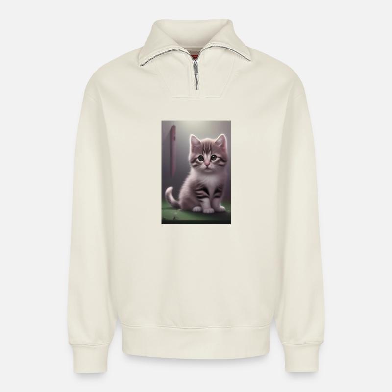 Bébé chat - Sweat unisexe décontracté en coton biologique à demi-zip – de SPREAD - blanc cassé