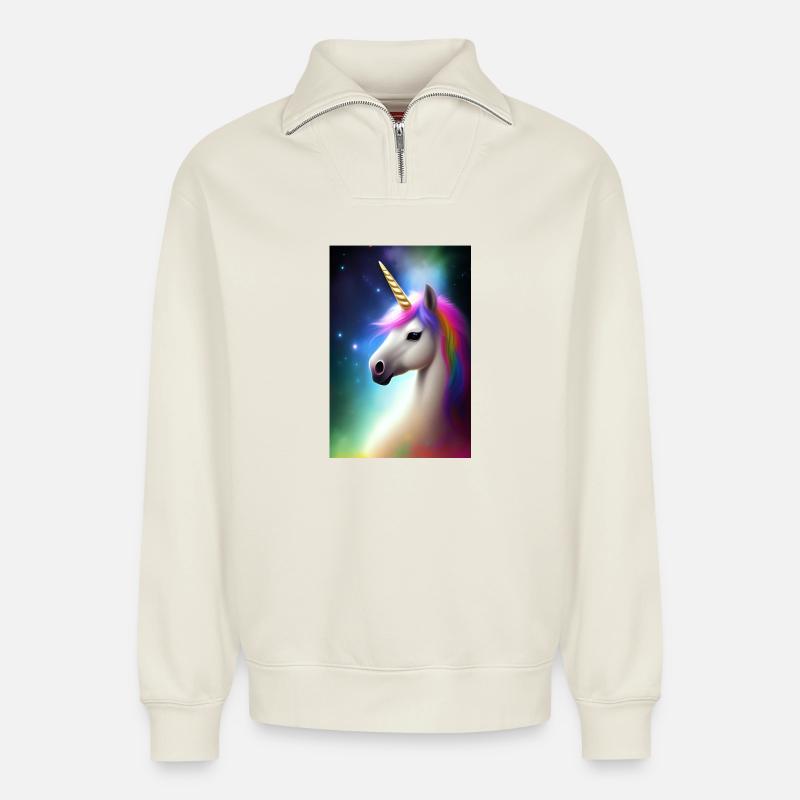 Licorne - Sweat unisexe décontracté en coton biologique à demi-zip – de SPREAD - blanc cassé