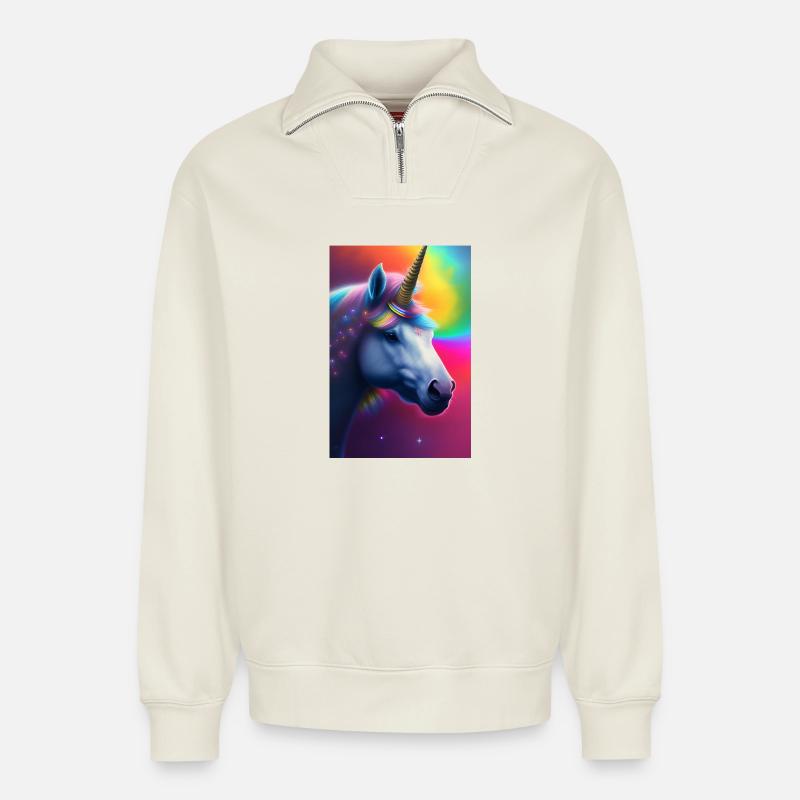 Einhorn - Relaxed Unisex Organic Half Zip Sweatshirt – von SPREAD - Naturweiß