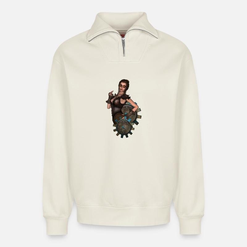 La Dame du Steampunk - Sweat unisexe décontracté en coton biologique à demi-zip – de SPREAD - blanc cassé
