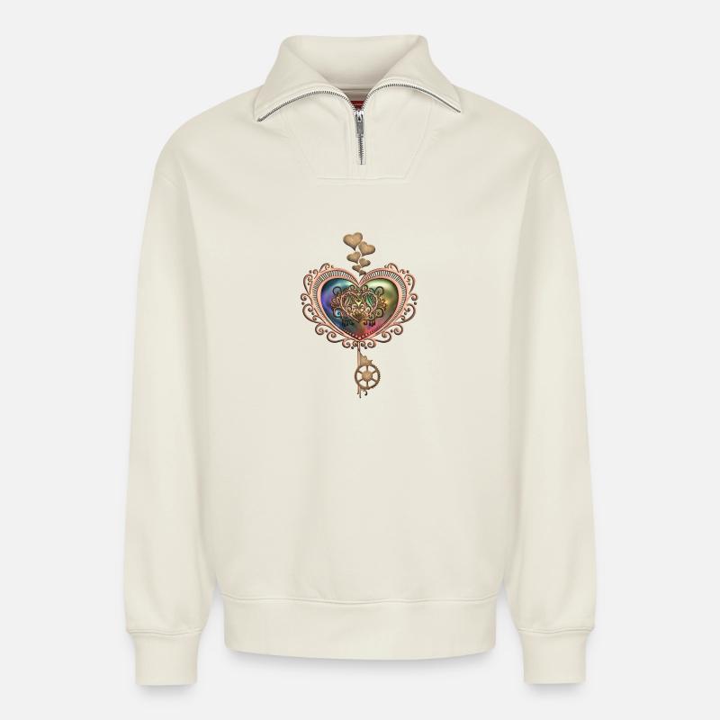 Romantisches Steampunk-Herz - Relaxed Unisex Organic Half Zip Sweatshirt – von SPREAD - Naturweiß