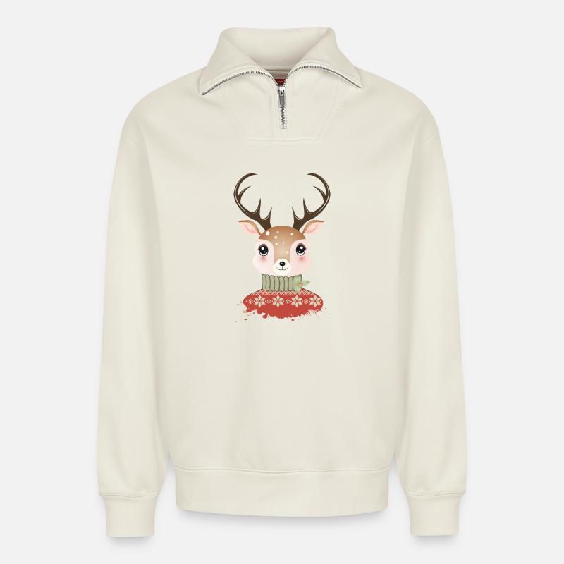 niedlicher schicker Hirsch mit Weihnachtspullover - Relaxed Unisex Organic Half Zip Sweatshirt – von SPREAD - Naturweiß