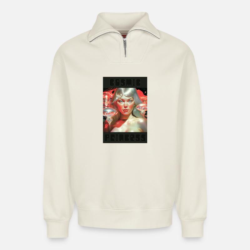 Neon-Kosmische Prinzessin - Relaxed Unisex Organic Half Zip Sweatshirt – von SPREAD - Naturweiß