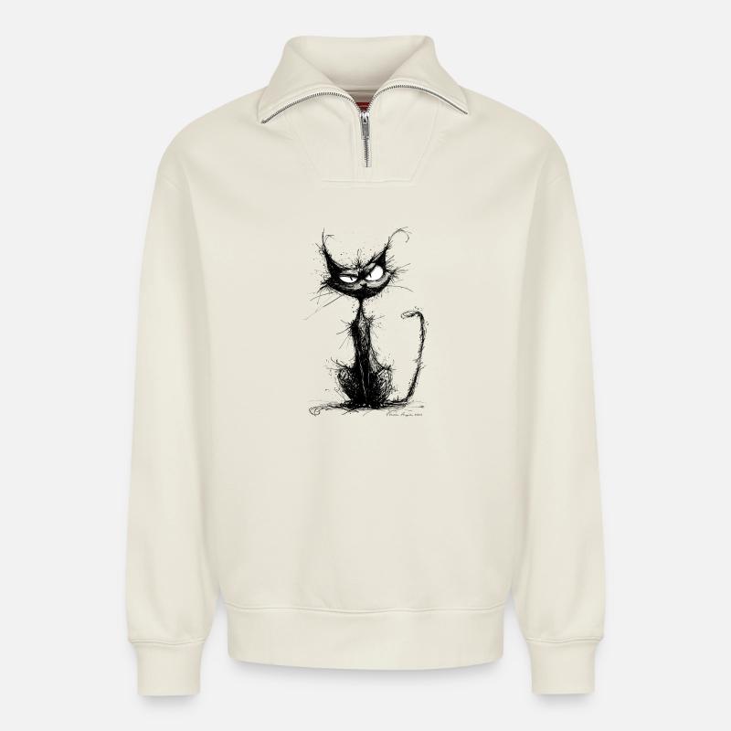 Félix le Chat de Gouttière - Sweat unisexe décontracté en coton biologique à demi-zip – de SPREAD - blanc cassé