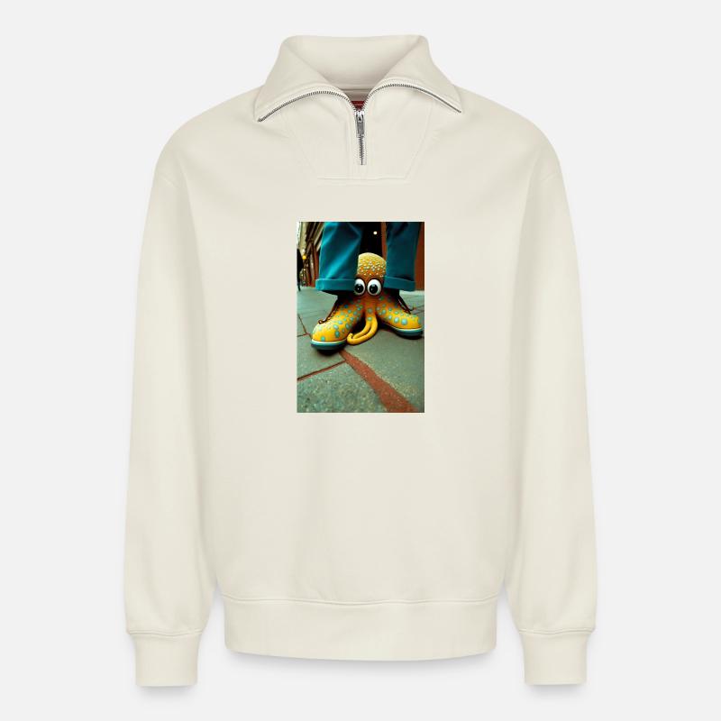 Anthropomorphic 03 - Sweat unisexe décontracté en coton biologique à demi-zip – de SPREAD - blanc cassé