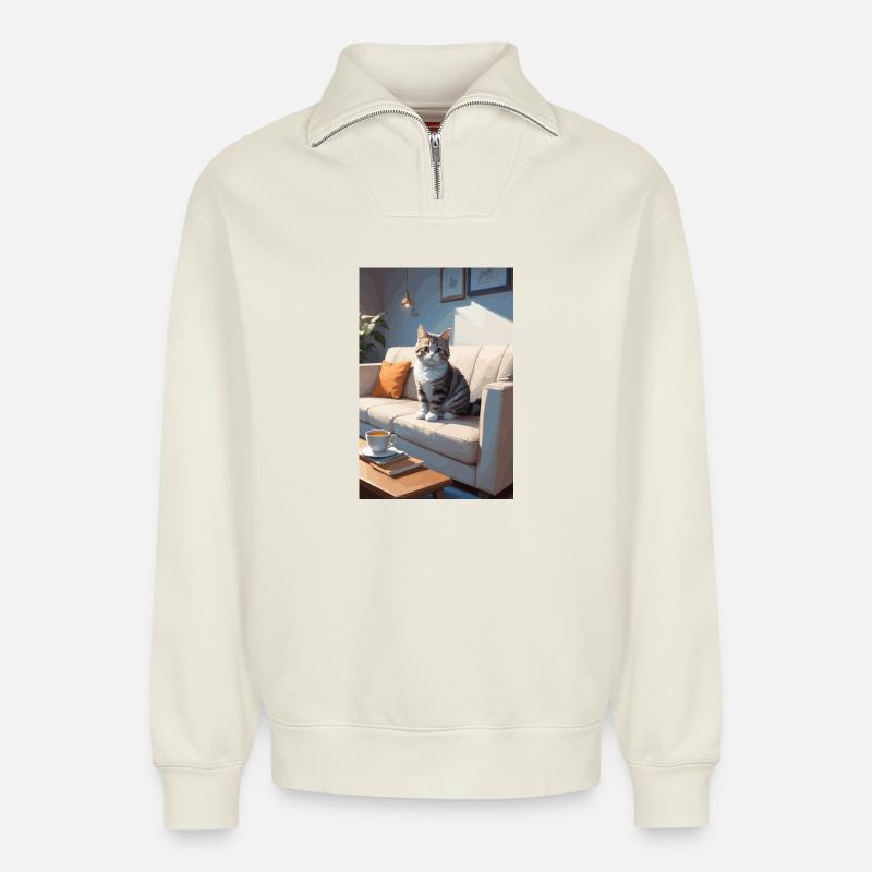 Katze auf Sofa - Relaxed Unisex Organic Half Zip Sweatshirt – von SPREAD - Naturweiß