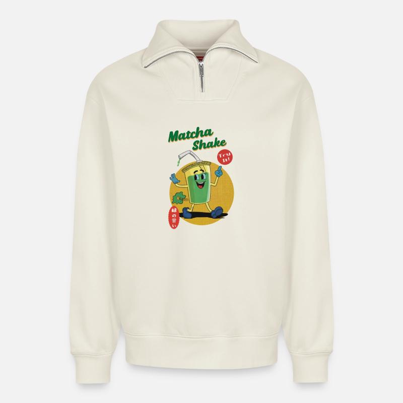 Matcha Shake - Try it! - Relaxed Unisex Organic Half Zip Sweatshirt – von SPREAD - Naturweiß