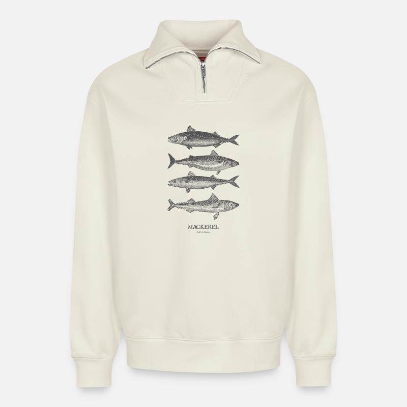 Mackerel Silhouette Quartet - Relaxed Unisex Organic Half Zip Sweatshirt – by SPREAD - off white