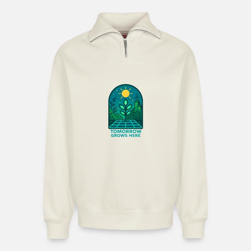 Tomorrow Grows Here - Relaxed Unisex Organic Half Zip Sweatshirt – by SPREAD - off white