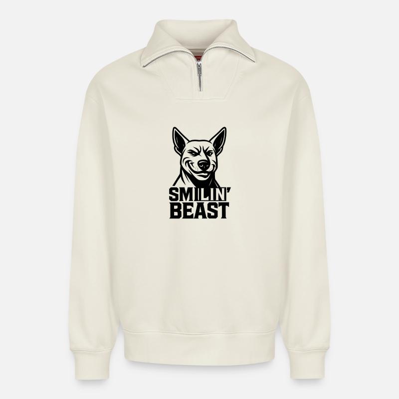 Smiling Beast - Relaxed Unisex Organic Half Zip Sweatshirt – von SPREAD - Naturweiß