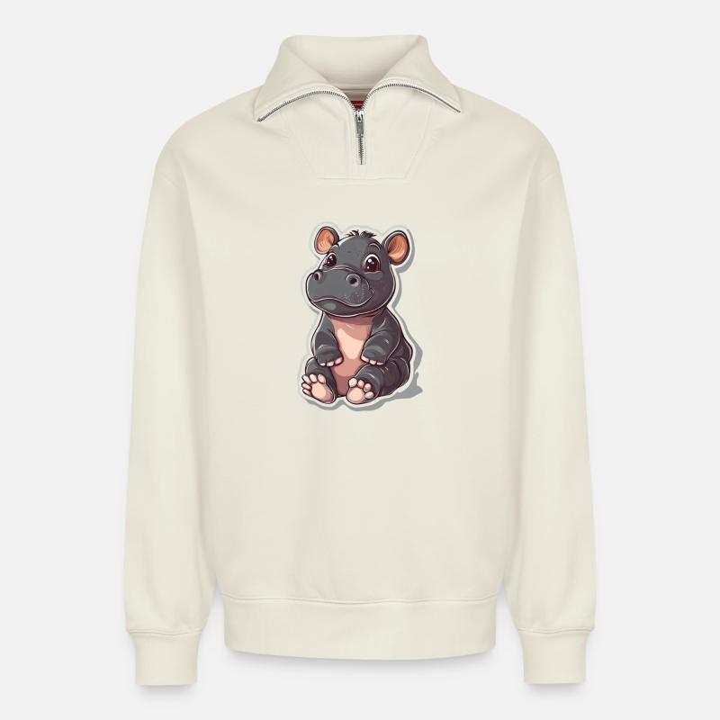 Hippopotame - Sweat unisexe décontracté en coton biologique à demi-zip – de SPREAD - blanc cassé