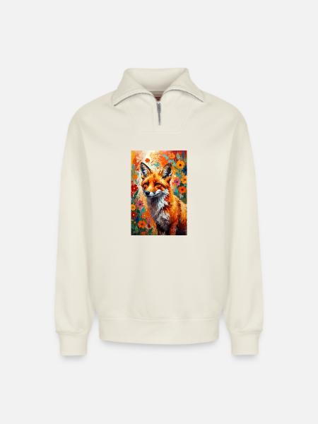 Fox flowers abstract fox lover gift - Relaxed Unisex Organic Half Zip Sweatshirt – by SPREAD - off white