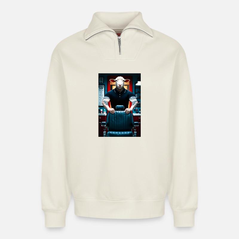 Humanoider Schaf Barbier - Relaxed Unisex Organic Half Zip Sweatshirt – von SPREAD - Naturweiß