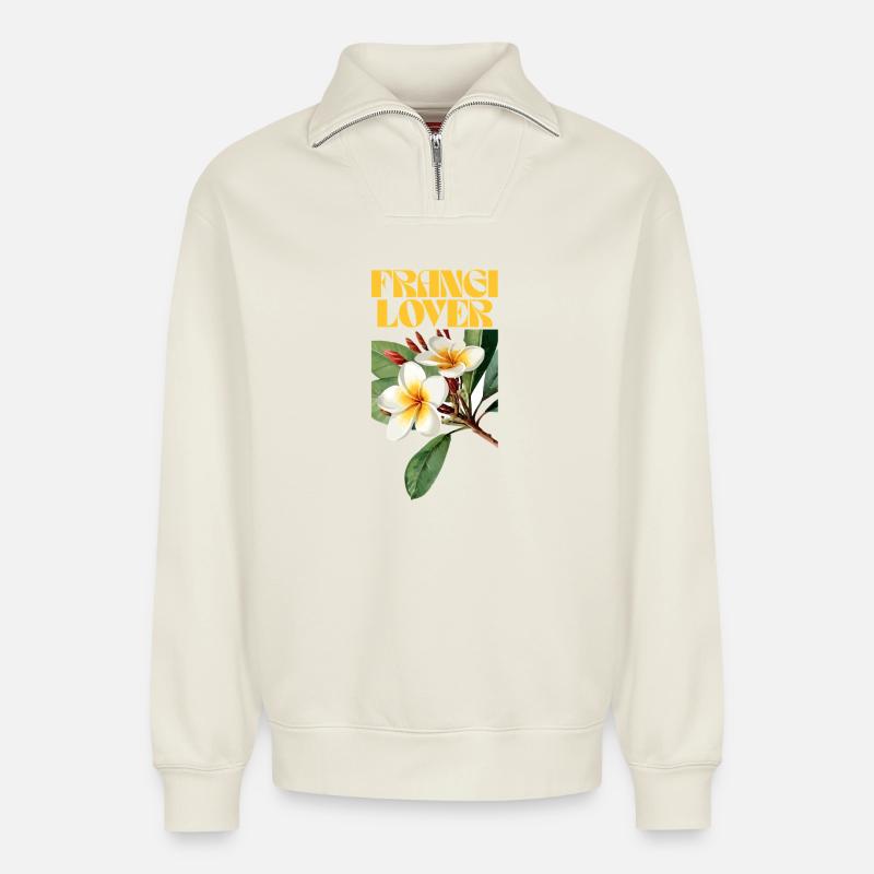 Frangipani Blume Botanisches Design - Relaxed Unisex Organic Half Zip Sweatshirt – von SPREAD - Naturweiß
