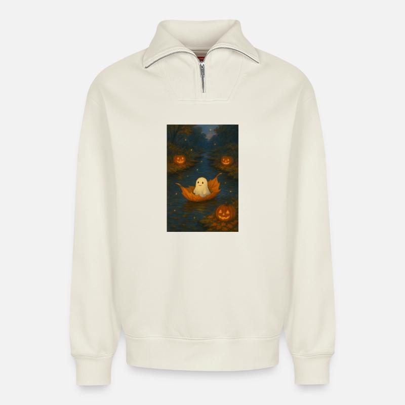 Niedlicher Geist im Herbstlaub - Relaxed Unisex Organic Half Zip Sweatshirt – von SPREAD - Naturweiß