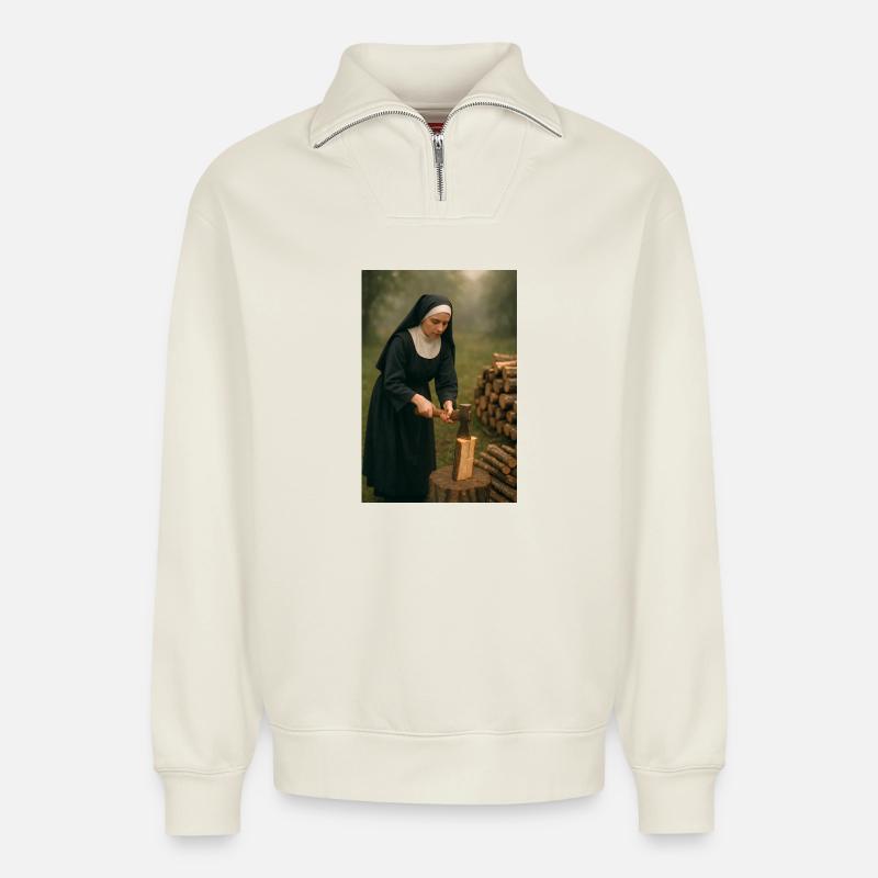 Nonne hackt Holz - Relaxed Unisex Organic Half Zip Sweatshirt – von SPREAD - Naturweiß