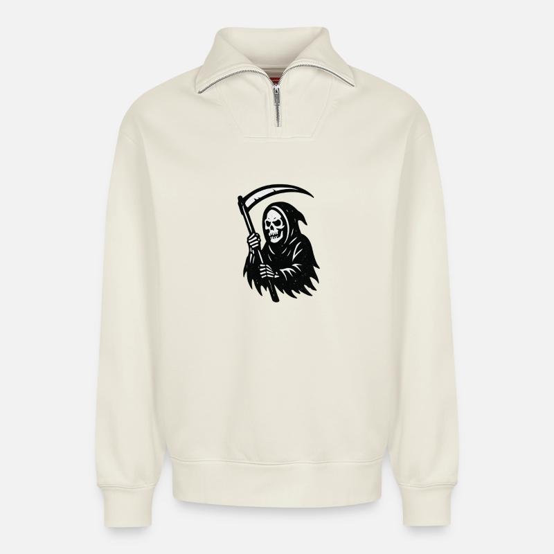 Sensenmann Silhouette Druck - Relaxed Unisex Organic Half Zip Sweatshirt – von SPREAD - Naturweiß