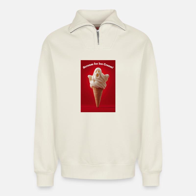 Ghostly Scream Eiswaffel - Relaxed Unisex Organic Half Zip Sweatshirt – von SPREAD - Naturweiß