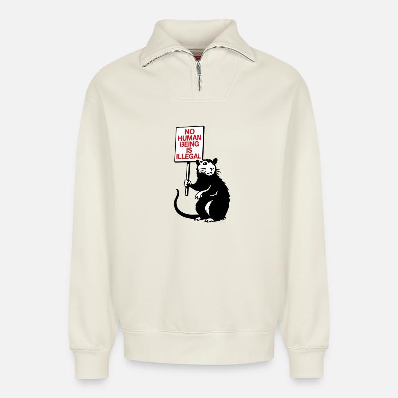 No Human Being is Illegal - Relaxed Unisex Organic Half Zip Sweatshirt – von SPREAD - Naturweiß