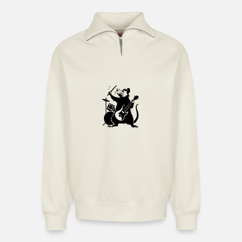 Ratte in einer Band - Relaxed Unisex Organic Half Zip Sweatshirt – von SPREAD - Naturweiß